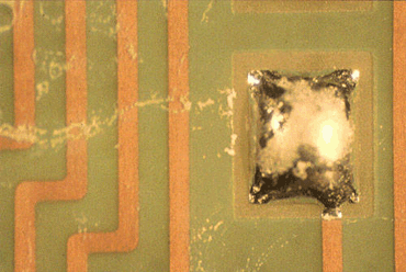 Figure 1: The flux residues here could have been caused by the formulation of the flux or by poor process conditions